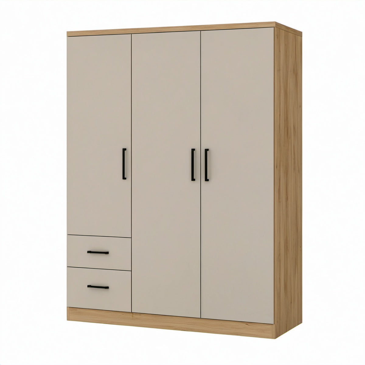 Armario de 3 puertas con 2 cajones, madera y MDF, 180x120x50 cm, beige y roble