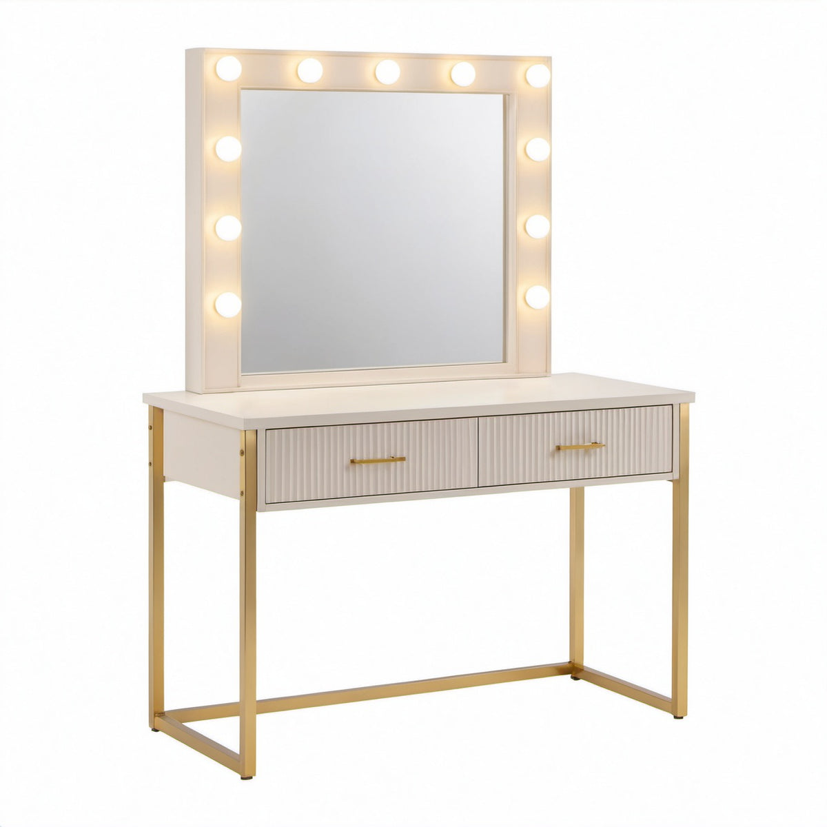 Tocador de madera con espejo y luces LED estructura dorada 100x40x140 cm blanco
