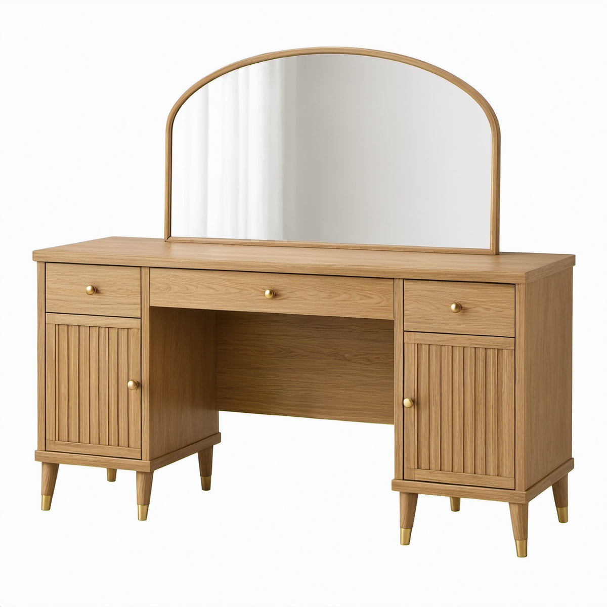 Tocador de madera con espejo y cajones, 140 cm x 45 cm x 135 cm, roble claro