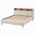 Cama doble de madera y tela beige con cabecero de estante 200x160 cm