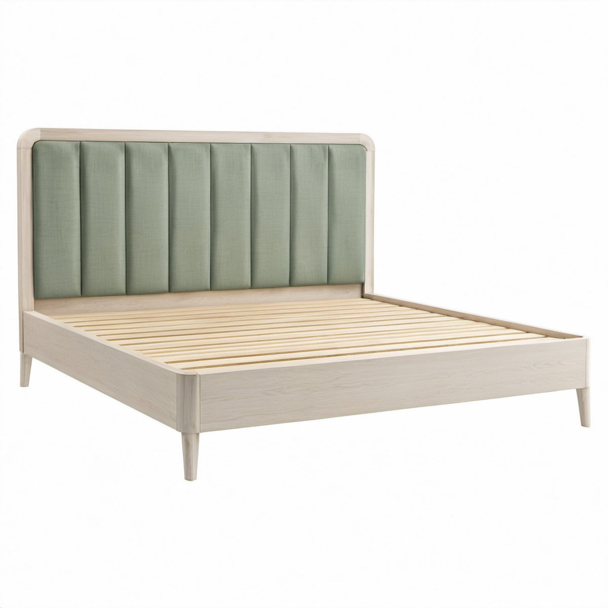 Cama doble de madera con cabecero en lino verde 200x160 cm