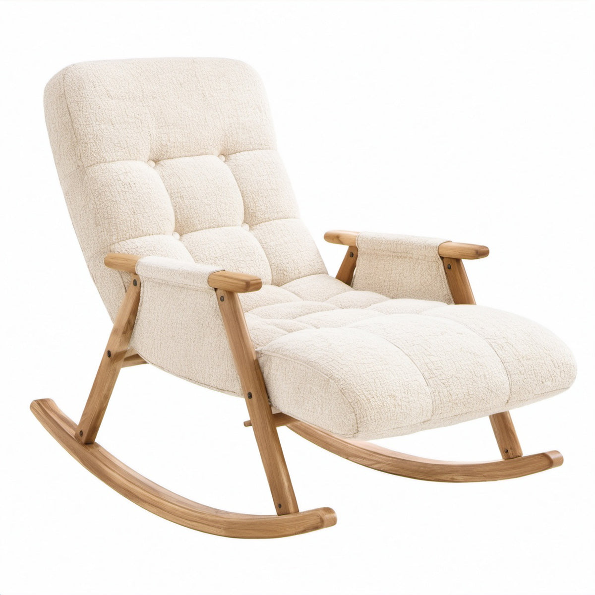 Mecedora de madera y tejido bouclé beige 105x60x90 cm