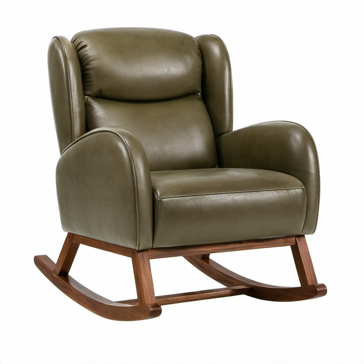 Sillón mecedora de cuero sintético verde con marco de nogal