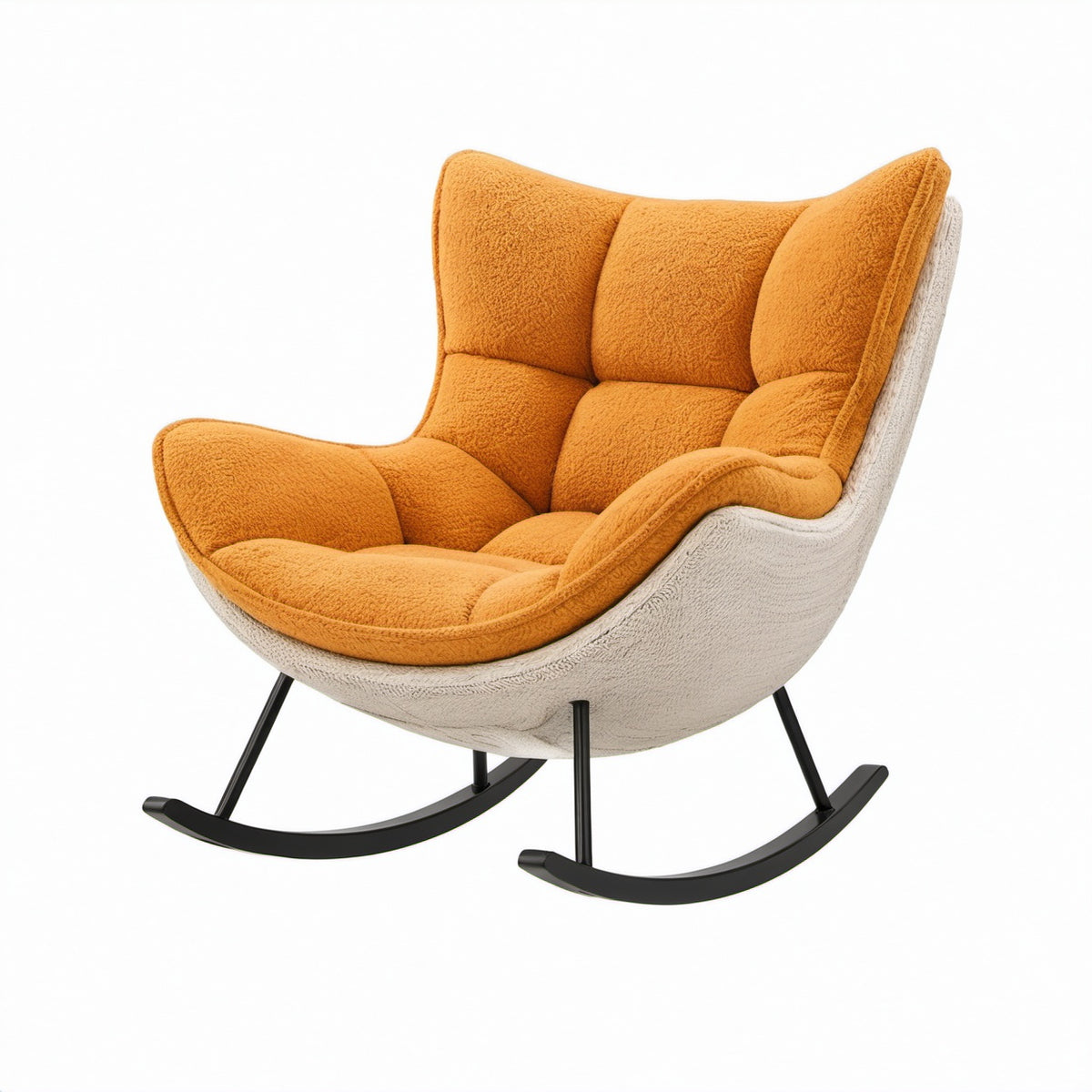 Mecedora de tela bouclé naranja y crema con base de metal