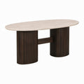Mesa de comedor ovalada de travertino y madera