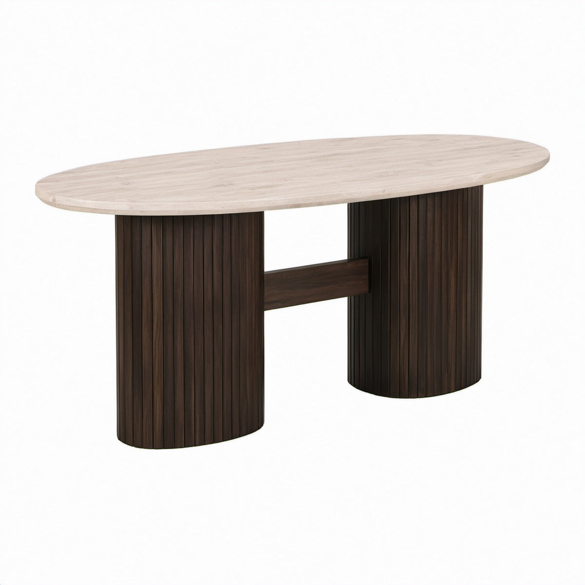 Mesa de comedor ovalada de travertino y madera