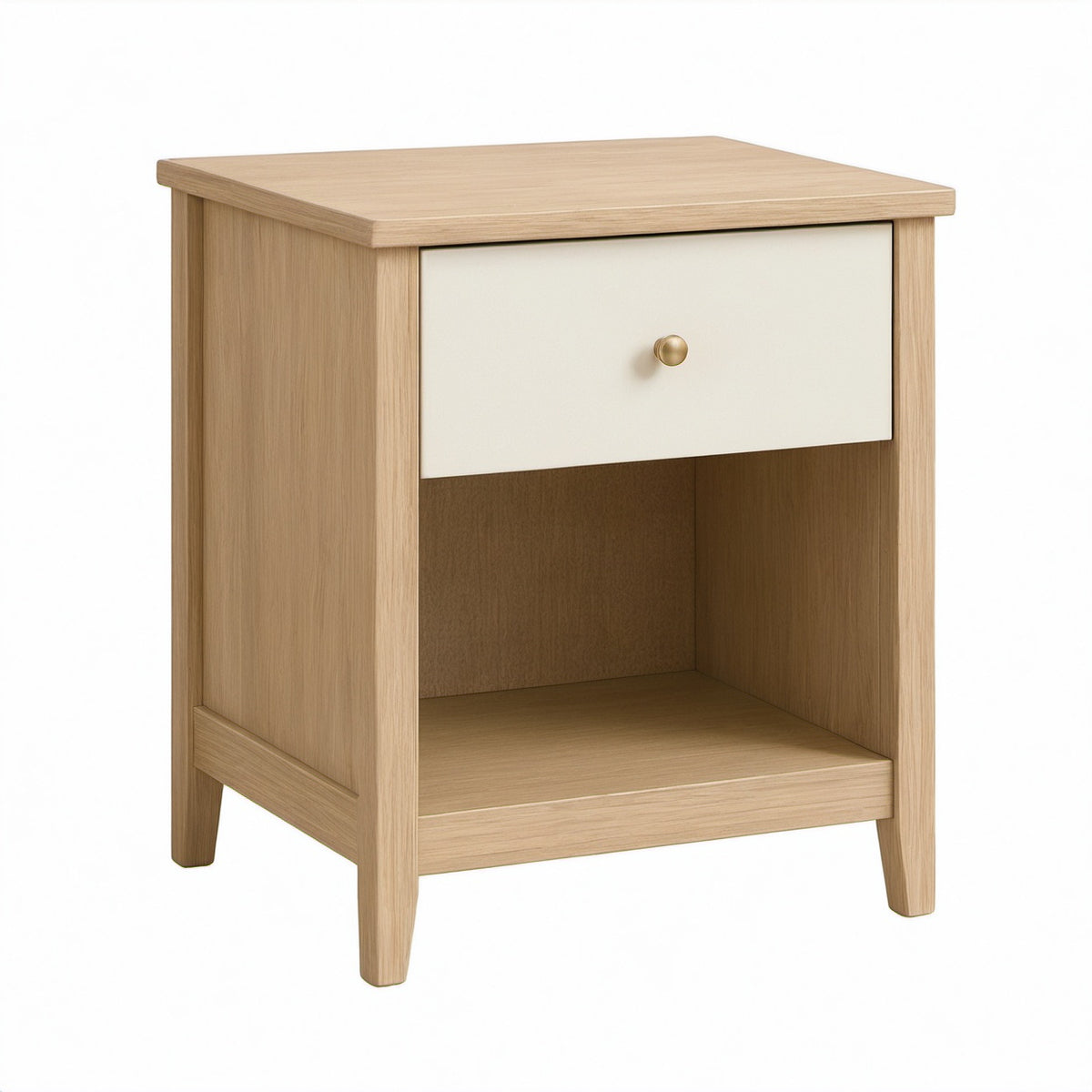Mesita de noche de madera con cajón blanco