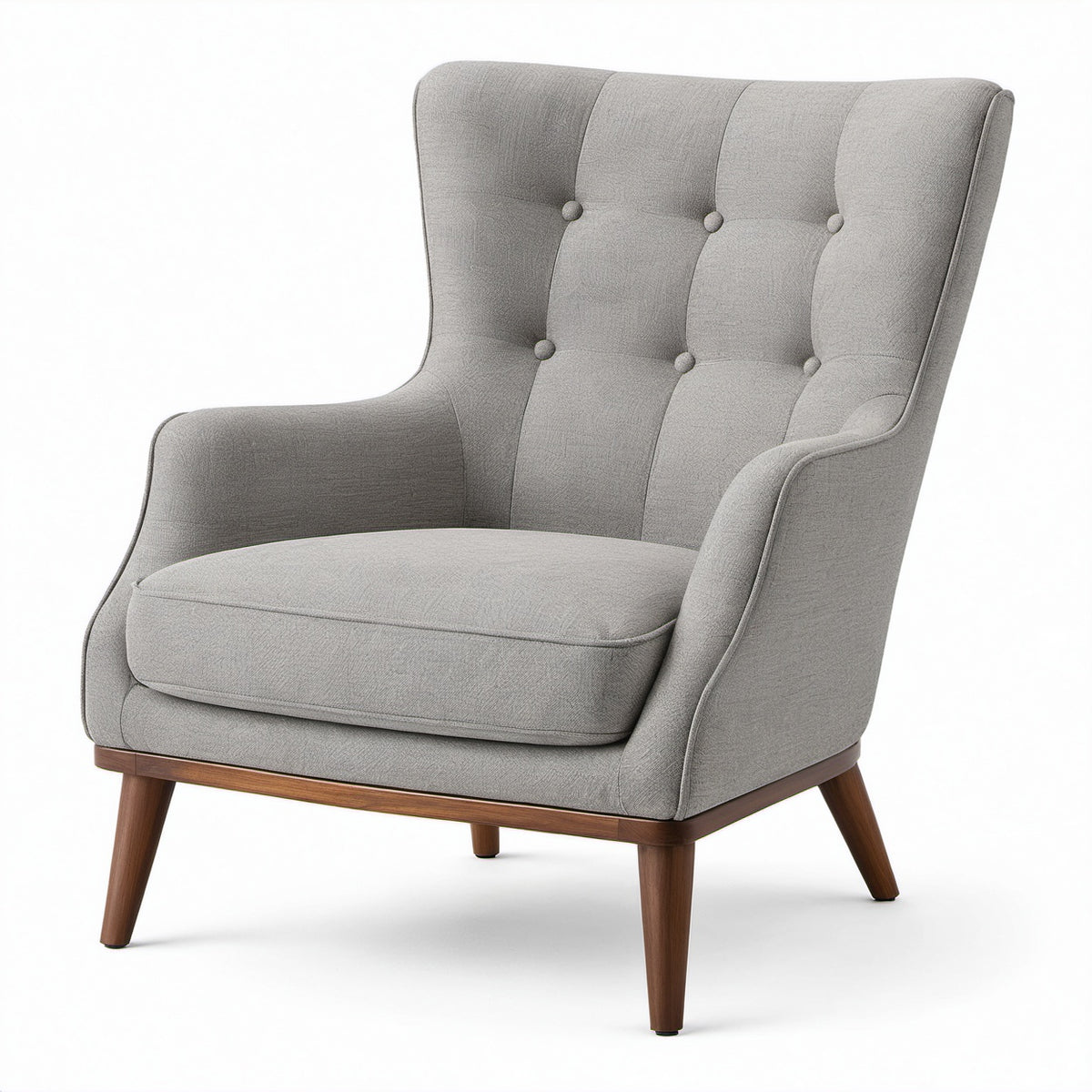 Sillón de lino gris con patas de madera